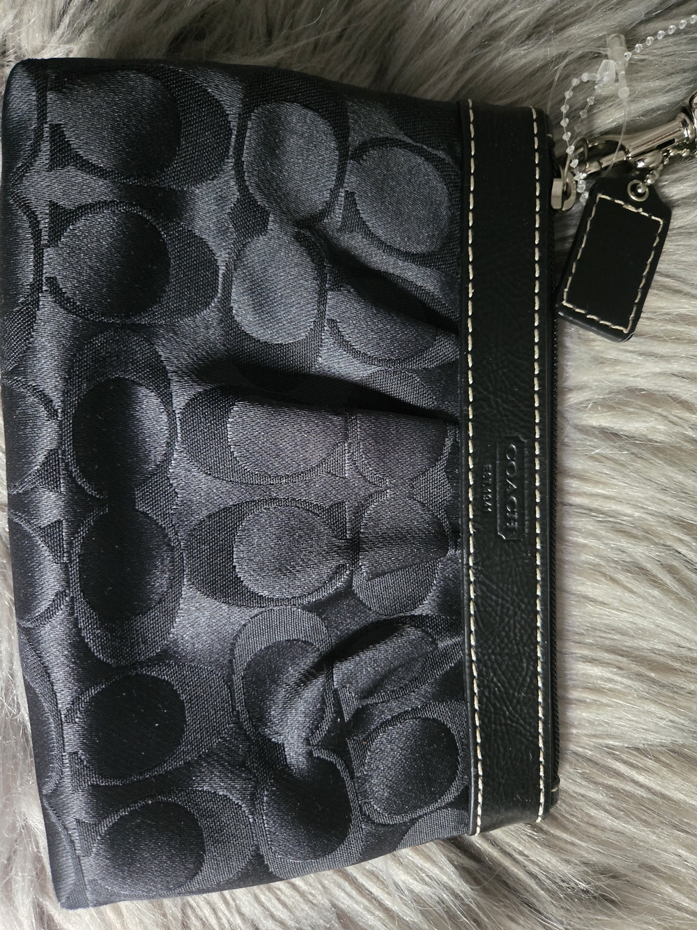 Coach Black Signature Jacquard Wristlet with Leather Trim